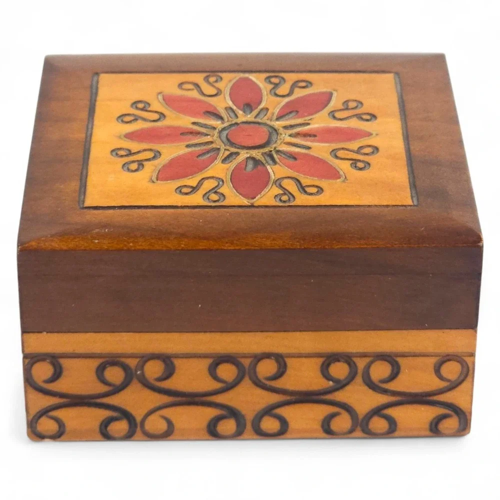 Handmade Polish Wood Box Carved Floral Trinket Keepsake Jewelry Box Poland